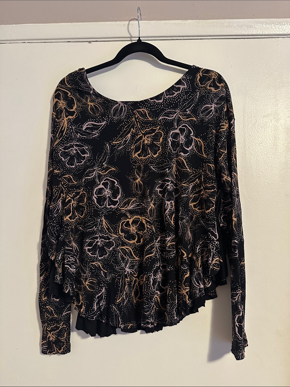 We The Free Black Floral Long-Sleeve Top with Blush Accents